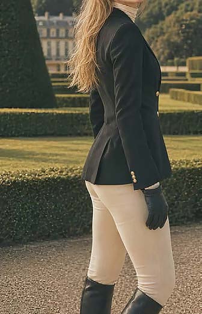 Cavalière en tenue, dans le parc d'un domaine équestre